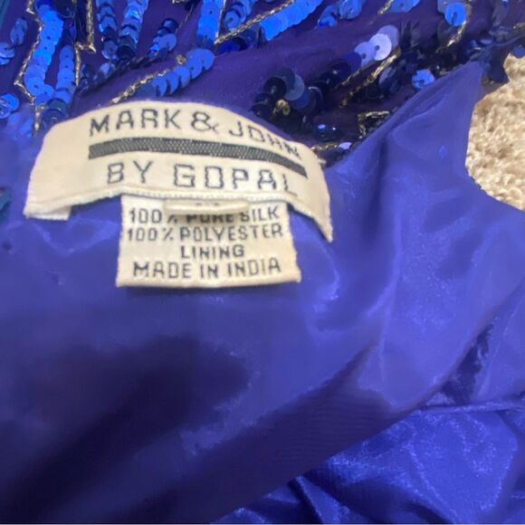 Vintage 80s Blue Silk Sequin Dress Beaded Geo Mini Party Cocktail Sz Medium - Picture 10 of 10